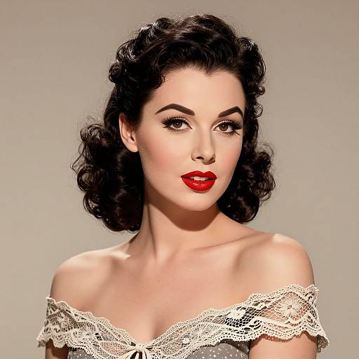 Photograph of a fair-skinned woman with vintage-style black curly hair, red lipstick, and off-the-shoulder lace top, against a plain