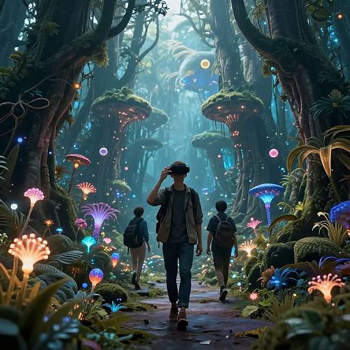Digital art: Enchanted forest with luminescent mushrooms, glowing flora, and three explorers in dark clothing, walking down a misty,