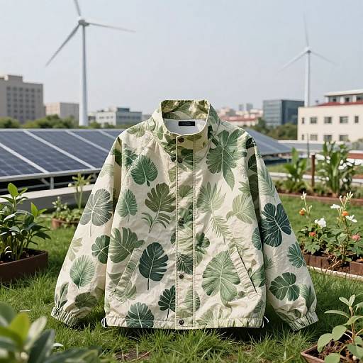 Photograph of a cream-colored jacket with green leaf patterns, displayed on grass in a rooftop garden with solar panels and wind turbines in the background.