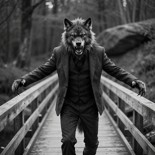 Werewolf in Suit on Wooden Bridge
