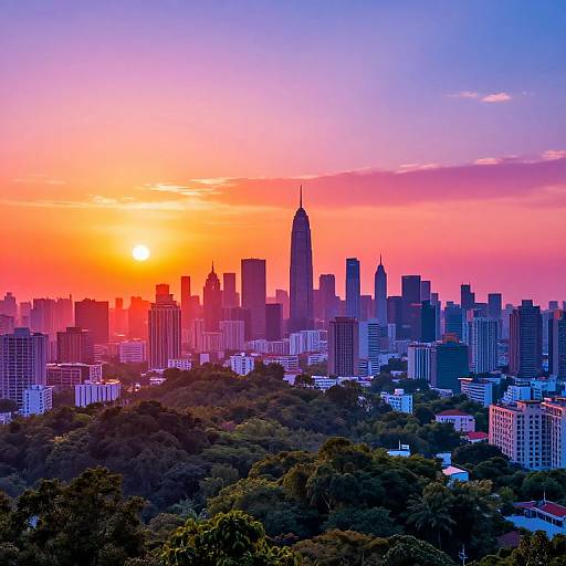 Photograph of a vibrant sunset over a city skyline, featuring colorful sky gradients, silhouetted skyscrapers, and lush greenery below.