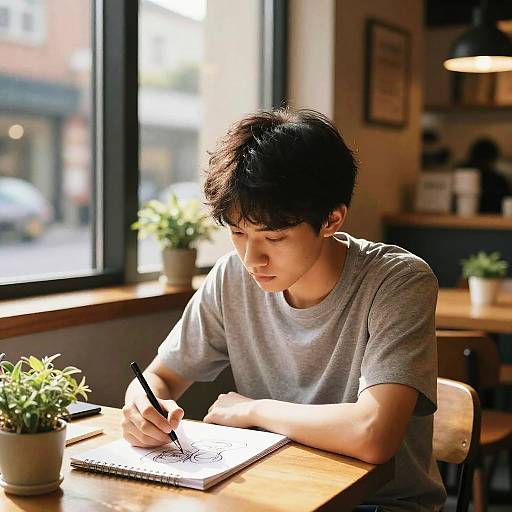 Photograph of a young Asian man with short black hair, wearing a gray t-shirt, writing in a sketchbook at a sunlit café table with
