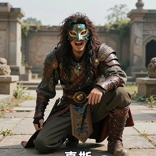 Masked Warrior in Ornate Armor in Ancient Courtyard