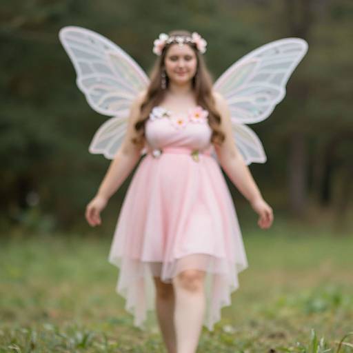 Photograph of a young woman with long brown hair, wearing a pink dress, white fairy wings, and a flower crown, walking in a grassy