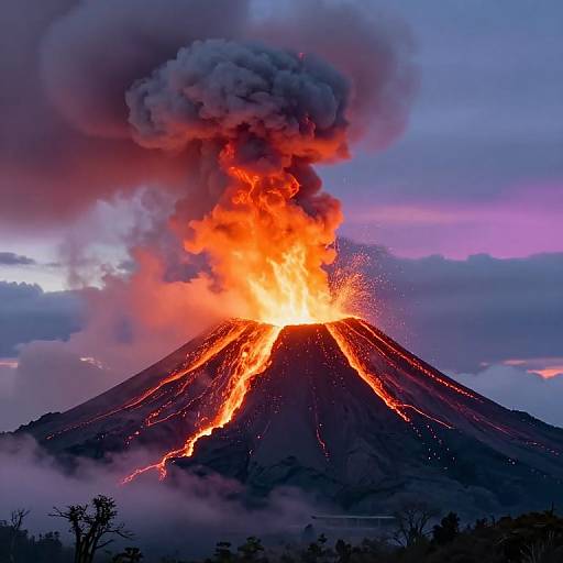 Photograph of a volcanic eruption: Bright orange lava flows down a mountain, with thick, dark gray smoke billowing into a twilight sky, surrounded by