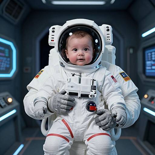 Photorealistic CGI of a baby in a white astronaut suit with American flag patches, floating in a futuristic spaceship control room.