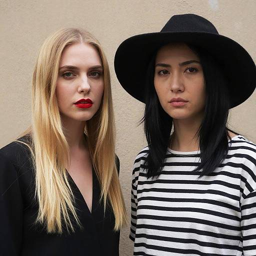 Photograph of two women, one blonde with red lipstick and black top, the other with black hair, striped shirt, and black hat, against a