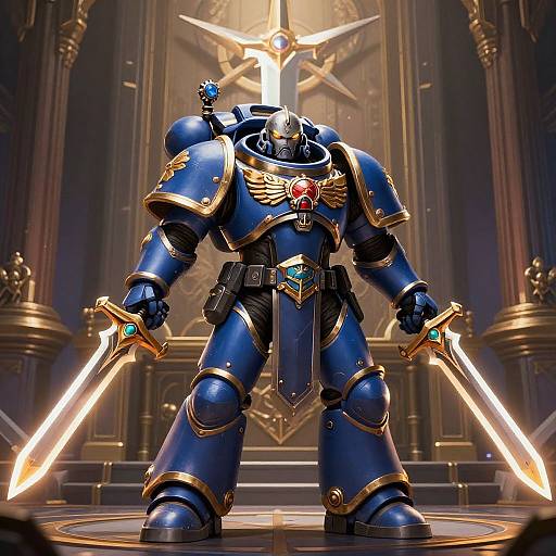 Digital artwork of a blue, gold-accented knight in ornate armor, holding two glowing swords, standing in an opulent, dark cathedral.