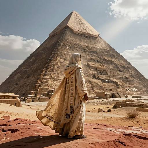 Photograph of a hooded figure in ancient Egyptian robes standing before a towering, weathered pyramid under a bright, partly cloudy sky.