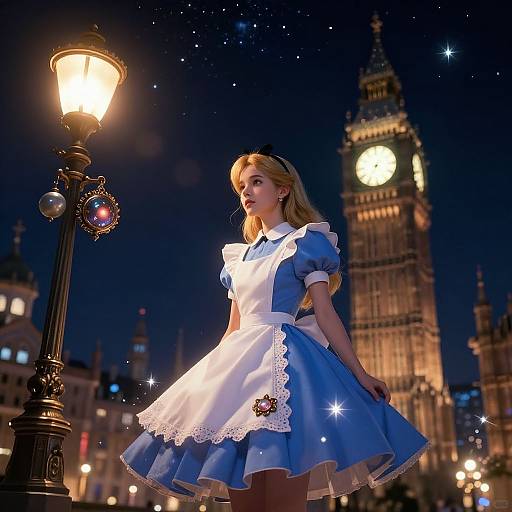 Digital illustration of a blonde Alice in Wonderland in a blue dress with white apron, standing under a glowing streetlamp in front of Big Ben at night