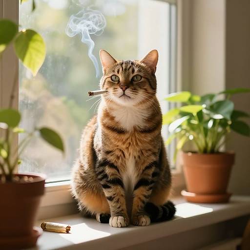 Photograph of a tabby cat with a cigarette in its mouth, sitting on a sunlit windowsill with potted plants, one smoke curling