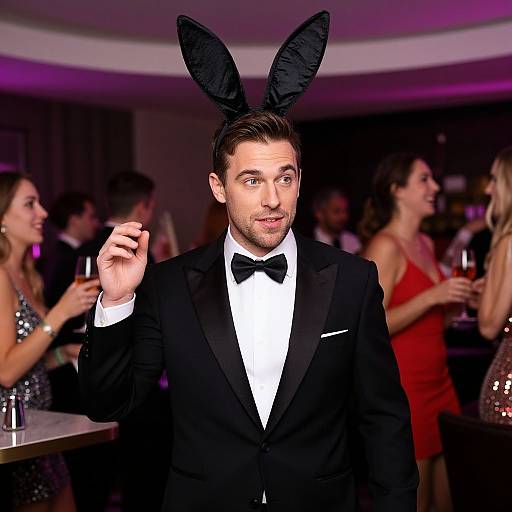 Photograph of a handsome man in a black tuxedo, white shirt, black bow tie, and black bunny ears, holding a glass, standing