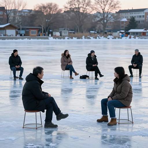 Photograph of seven people sitting on stools on a frozen lake, wearing winter clothes, with a snowy suburban background at sunset.