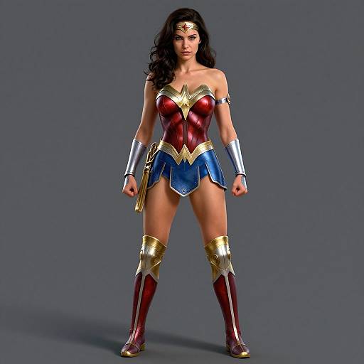 CGI image of Wonder Woman in iconic costume: red bustier, blue skirt, gold accents, silver bracers, red boots, with long black