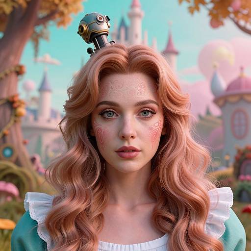 Digital art of a fair-skinned woman with wavy pink hair, red facial markings, and a whimsical hat, set against a colorful, castle