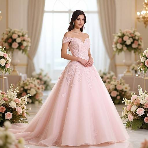 Photograph of a brunette woman in an off-shoulder, pink lace wedding gown, standing in a bright, elegant room adorned with floral arrangements.