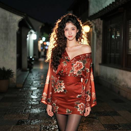 Photograph of a curly-haired woman in a red floral off-shoulder dress, standing on a wet, dimly-lit cobblestone street