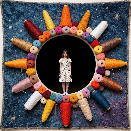 Photograph: Woman in white polka dot dress centered in black circle, surrounded by colorful yarns radiating like sunburst on starry blue fabric