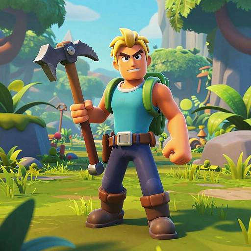 CGI image of a muscular, blond, cartoon adventurer with a green backpack, blue tank top, and brown boots, holding a hammer in a vibrant