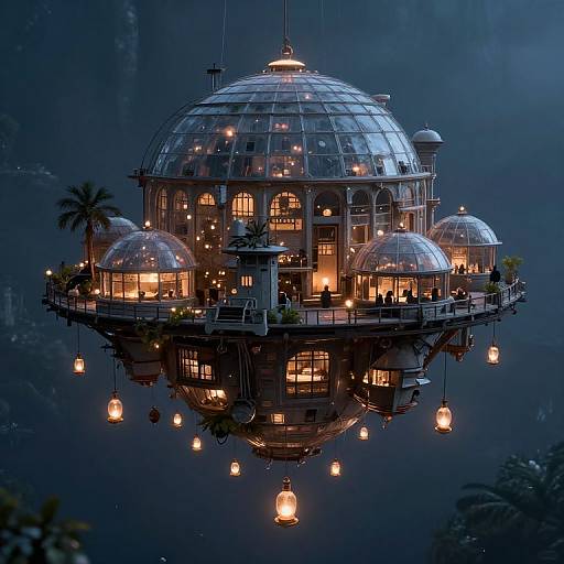 Photograph of a floating, glass-domed, Victorian-style house at night, illuminated by warm lanterns, surrounded by dark blue water and palm trees