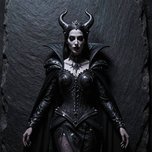 Photograph of a dark, gothic queen with black, horned helmet, armored corset, and cape, standing against a textured stone wall.