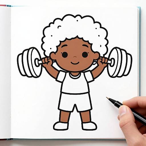 Cartoon drawing of a smiling Black child with curly white hair, lifting dumbbells, wearing a white shirt and shorts, created with a black pen