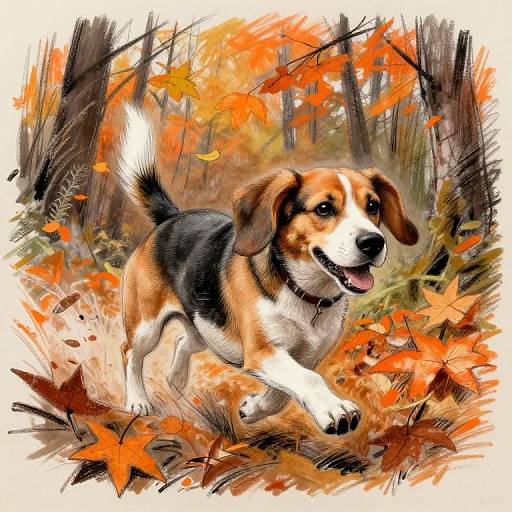 Digital painting of a happy, brown, black, and white dog running through an autumn forest, surrounded by vibrant orange and red leaves.