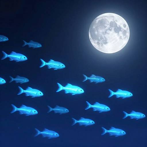 Digital artwork of glowing blue fish swimming in a dark blue ocean under a bright full moon in the night sky.