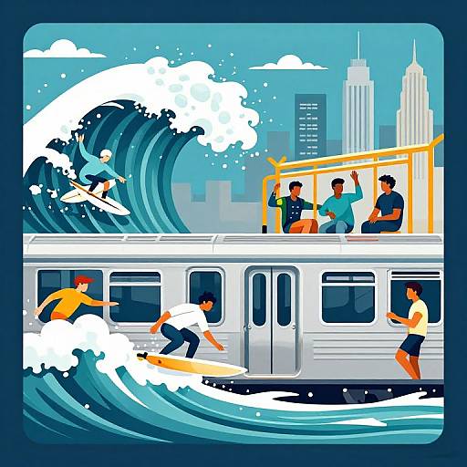 Digital illustration of a city bus with surfing passengers, large ocean waves, and skyscrapers in the background. Vibrant colors, bold lines, and