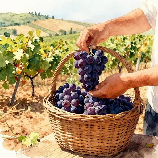 Photograph of a farmer's hands picking and placing purple grapes into a woven basket in a sunlit vineyard.
