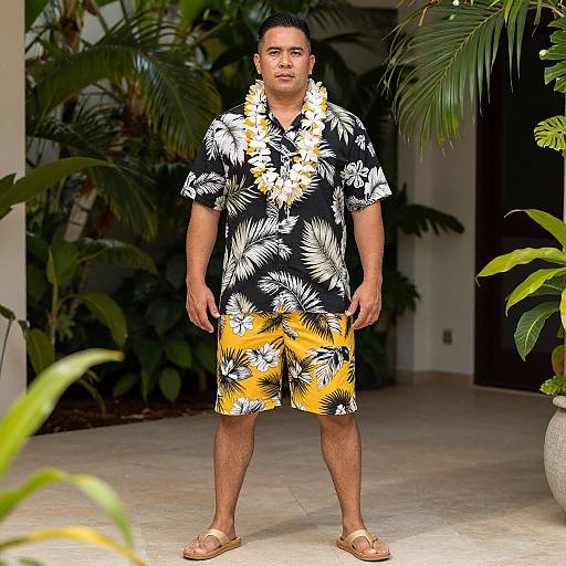 Man in Hawaiian Outfit on Patio