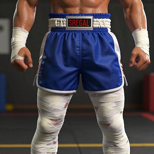 Photorealistic CGI of a muscular, shirtless fighter with tan skin, blue shorts, white bandages on hands and legs, 