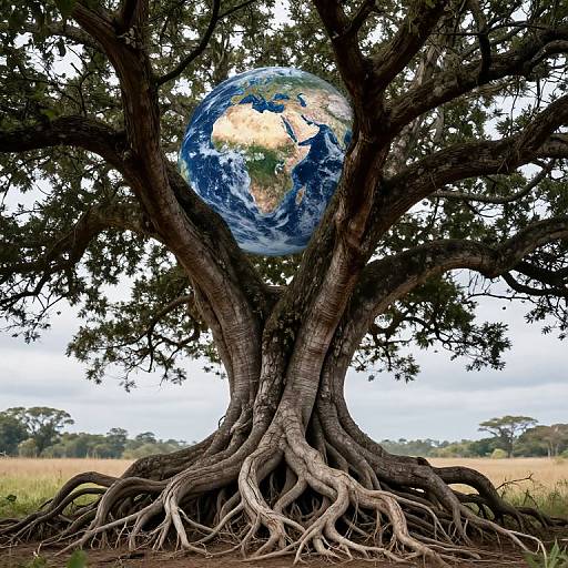 Photograph of a large tree with deep roots, centered Earth floating in its branches, set against a cloudy sky and grassy field.