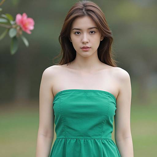 Photograph of an Asian woman with long, brown hair, wearing a strapless, green dress, standing in a blurred, green outdoor setting, with