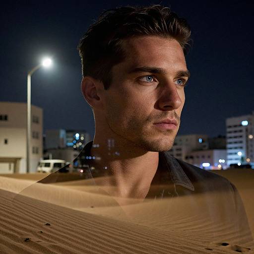 Photograph of a handsome, blue-eyed, dark-haired man with stubble, wearing a black shirt, standing in a sandy desert at night, illuminated