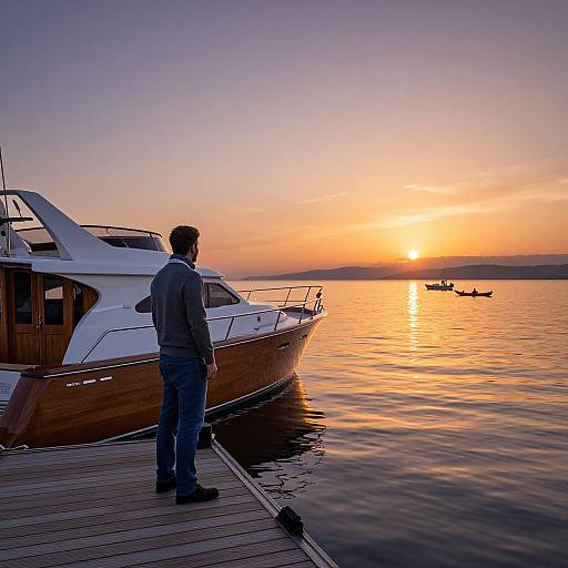 Photograph of a man in a gray jacket standing on a wooden dock, facing a serene sunset over a calm lake with a white yacht beside him and