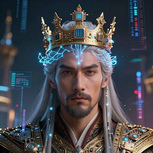 Digital artwork of a regal, silver-haired man with a goatee, wearing a glowing blue-electric crown, ornate golden armor, and futuristic