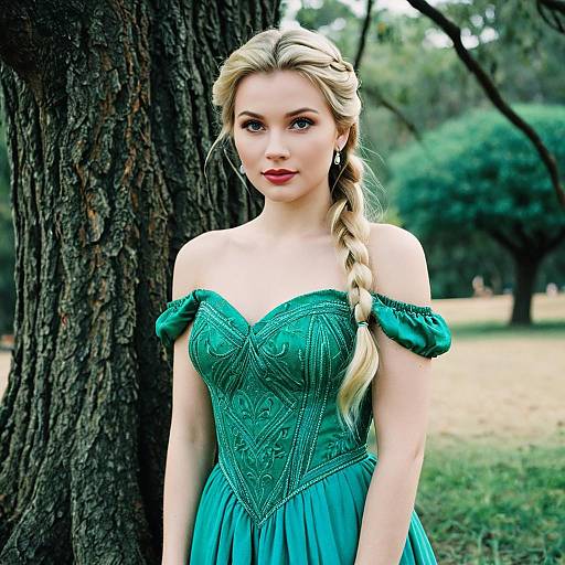 Woman in Green Dress with Blonde Braid Outdoors