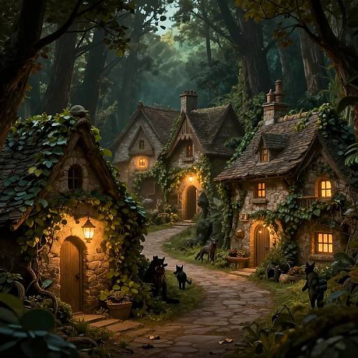 Enchanting digital illustration of a whimsical, fairy-tale forest village with glowing lanterns, ivy-covered cottages, winding stone path,