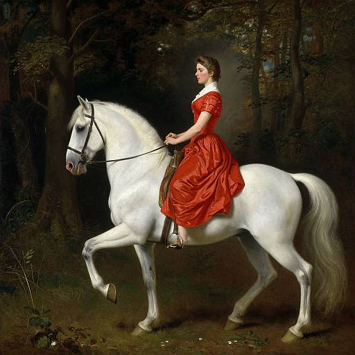 Photorealistic painting of a fair-skinned woman in a red dress riding a white horse in a dark forest. Her elegant attire contrasts with the horse