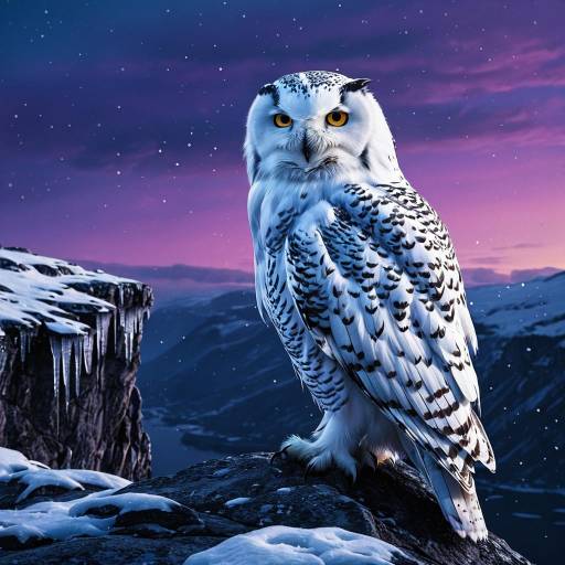 Majestic Snowy Owl on Icy Cliff at Dusk