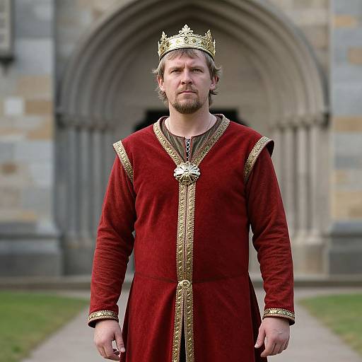 Photograph of a bearded man with a crown, wearing a red velvet royal robe with gold trim, standing in front of a stone archway.