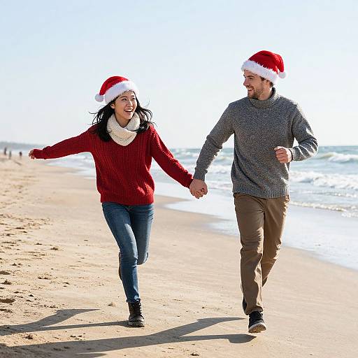 Joyful Christmas Couple on Beach