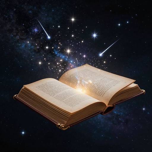 Magical open book glowing with light, surrounded by sparkling stars and shooting stars in a deep, cosmic blue background.