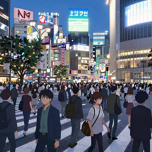 Digital anime-style illustration of a bustling Japanese city crosswalk at night, filled with people in business attire, surrounded by vibrant neon billboards and illuminated skys