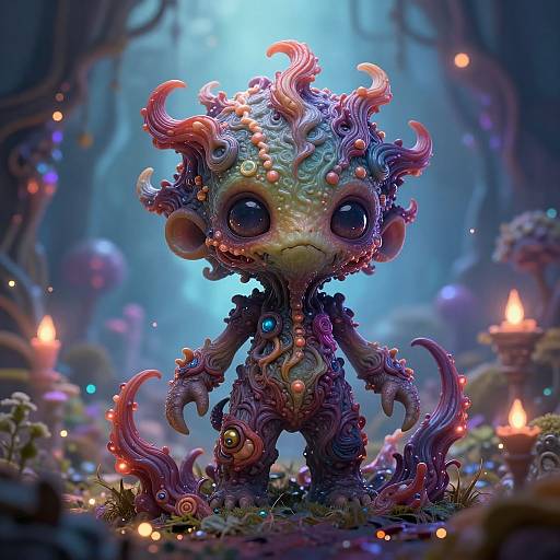 Digital fantasy artwork: A whimsical, tentacled creature with large, expressive eyes stands in a glowing, mystical forest. Bright colors, intricate textures