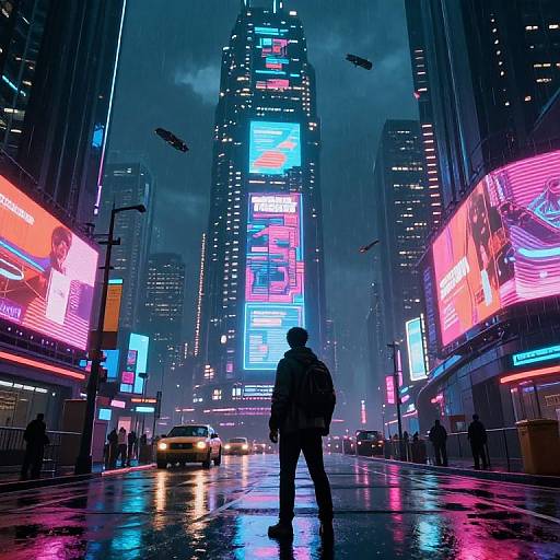 Cyberpunk cityscape photograph: Silhouetted figure stands on rain-soaked street, surrounded by glowing neon billboards, towering skyscrapers