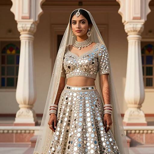 Photograph of an Indian bride in a silver, sequin-embellished traditional outfit, veil, and jewelry, standing in front of a traditional