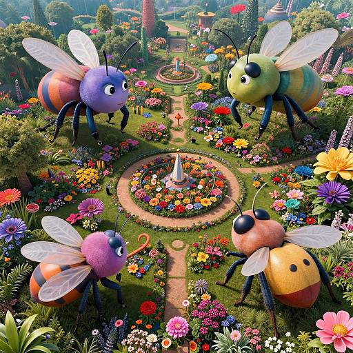 CGI image: Three cartoon bees with colorful bodies and transparent wings hover over a vibrant, circular flower garden with a central fountain, surrounded by lush green