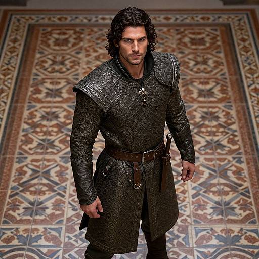 Photograph of a muscular, dark-haired man with a serious expression, wearing a textured, dark brown medieval-style coat, standing in front of an orn